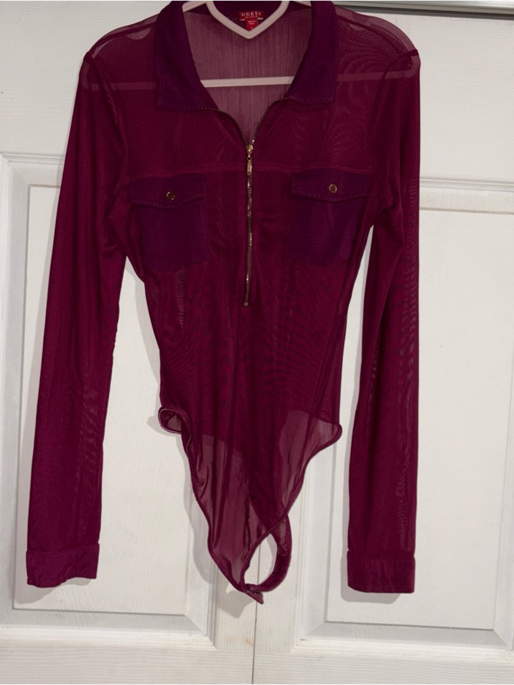 Guess Mesh Long-Sleeve Bodysuit in Burgundy